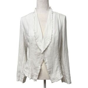 NWT INC White Linen Blazer NEW Fringe Trim Open Front Petite Small Women's PS